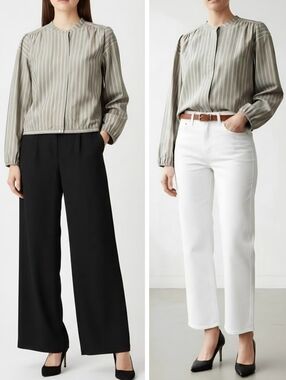 New! Theory Shirred Yoke Mandarin Collar Buttoned Down Blouse Top